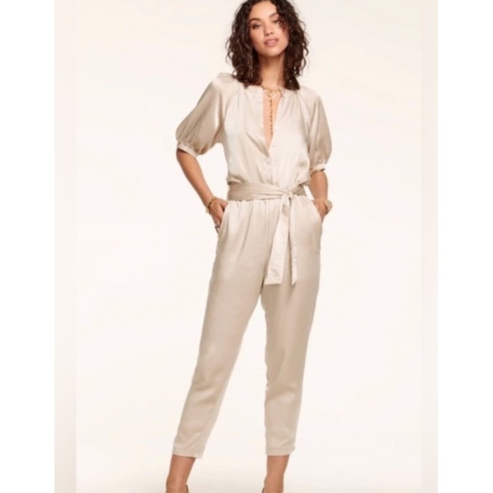Ramy Brook Maverick Puff Sleeve Jumpsuit Flax Champagne Cream Satin Small